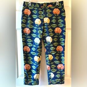 Nadinoo Blue Orange Gold Tan Green Hydrangea Print Floral Stretch Pants Size 6